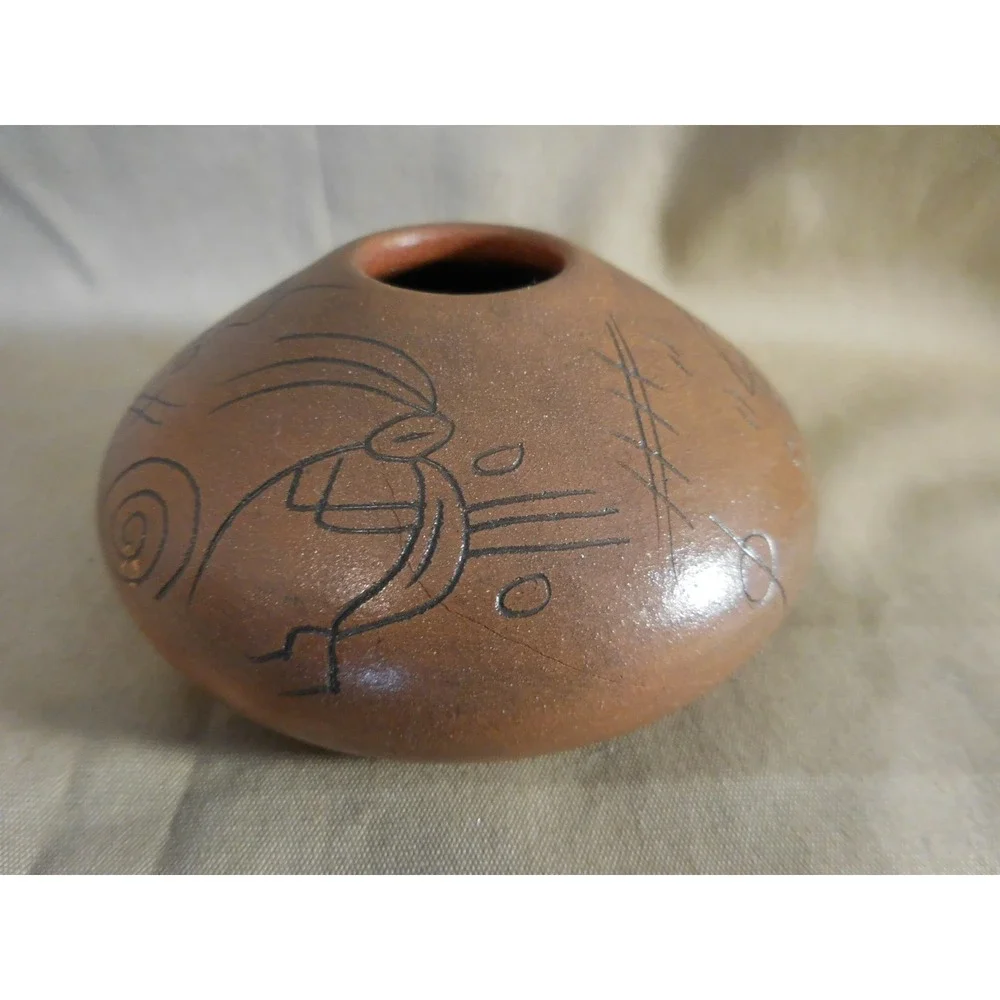 Southwest Red Clay Pottery Seed Pot Kokopelli Sgraffito Etched Art Blackhorse